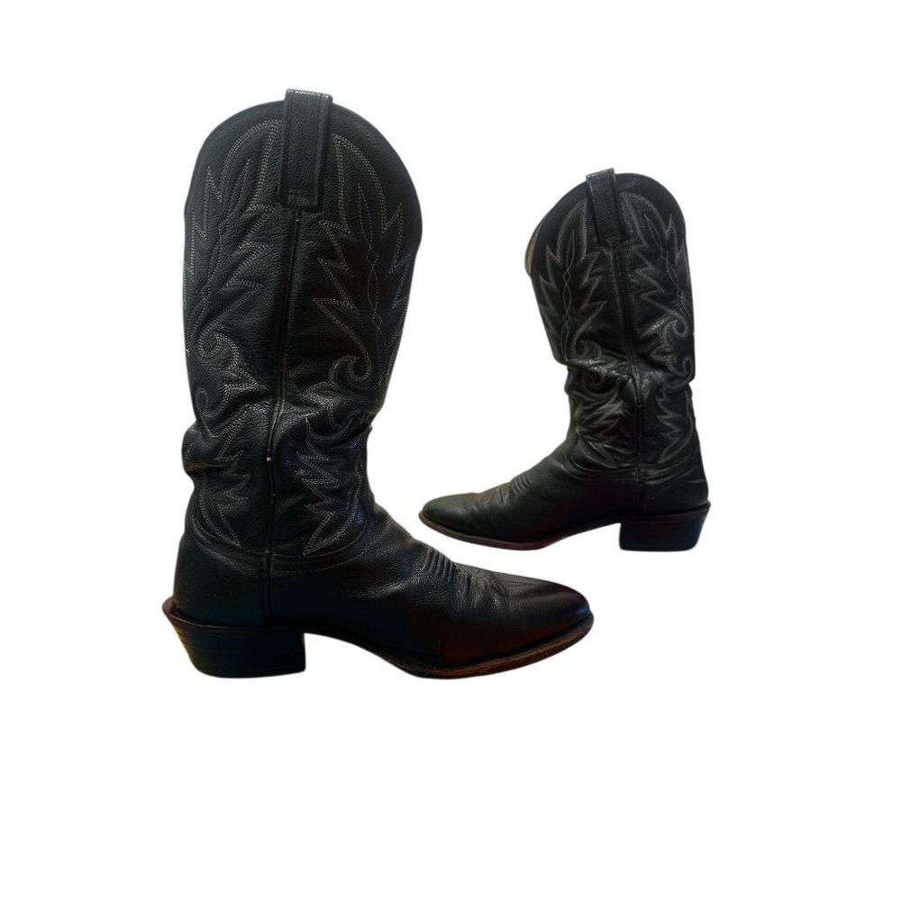 Dan Post Western Cowboy Boots Mens 8.5 Black Leather Embroidered Stitch Rodeo